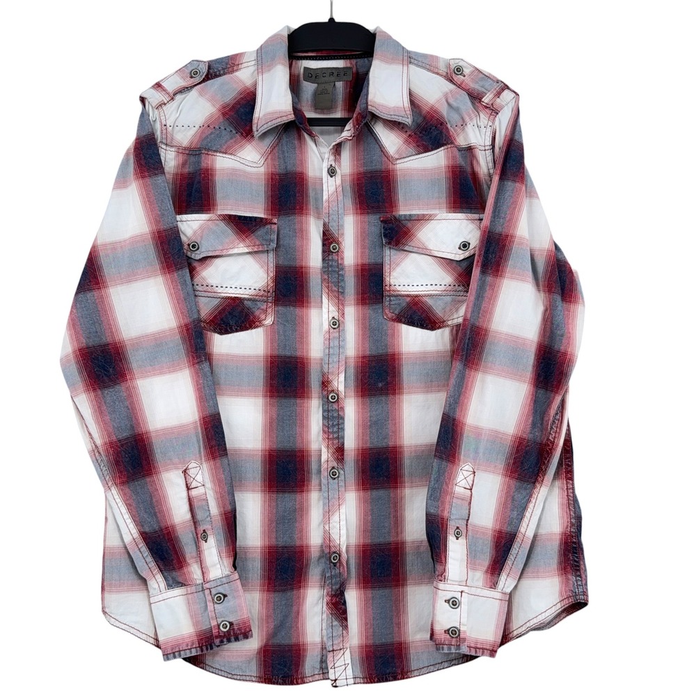 Decree Western Button Down Mens Large 100% Cotton Plaid Red‎ White Blue